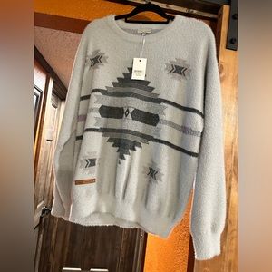 Simply Southern Light Gray Aztec Fuzzy Crewneck Sweater